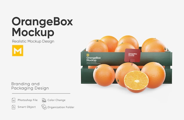 PSD mockup de caja con naranjas y etiqueta de precio