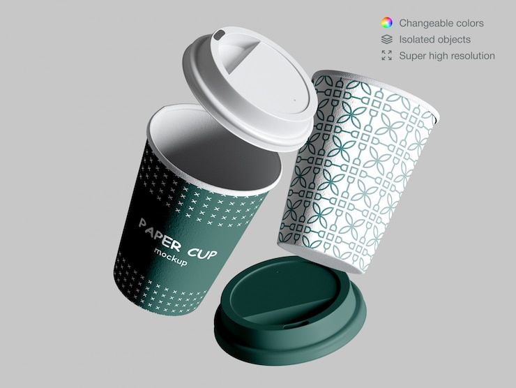 PSD mockup cangkir kertas mengambang realistis dengan tutup
