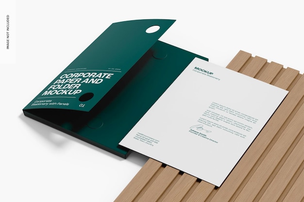 Mockup de carpeta y papel corporativo, vista derecha