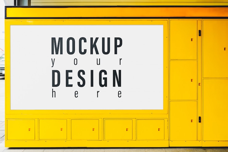 PSD mockup cartellone pubblicitario sul lockbox giallo.