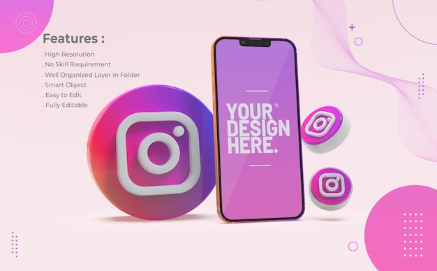 Mockup celular instagram com ícone 3d realista