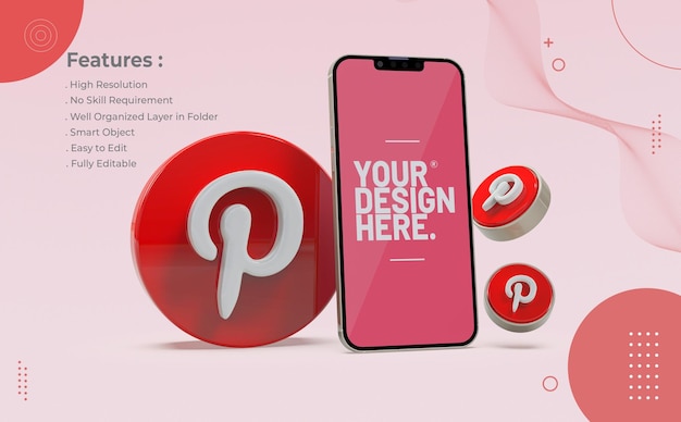 Mockup celular Pinterest com ícone 3d realista