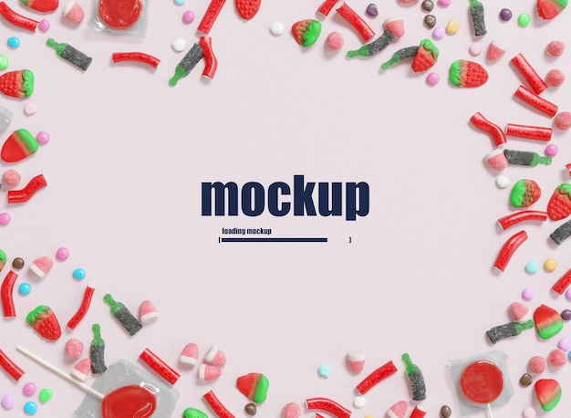 Mockup circondato da varie caramelle