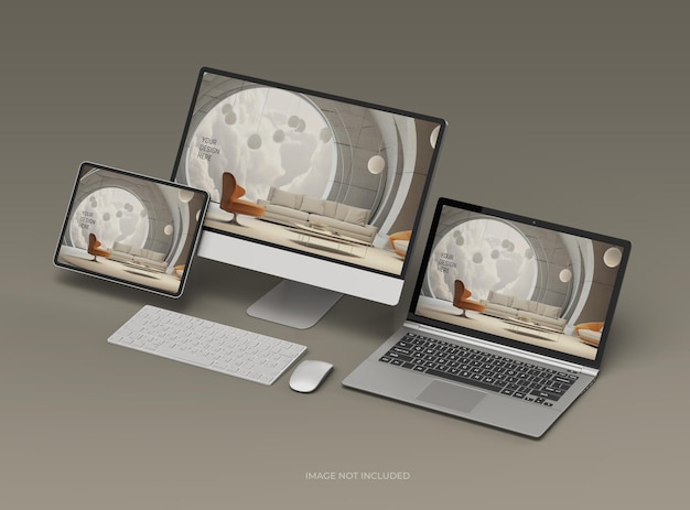 Mockup de computadora portátil de escritorio y tableta para su presentación de producto UIUX Render 3D