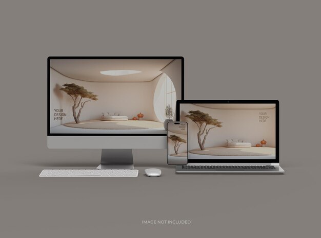 Mockup de computadora portátil de escritorio y teléfono inteligente para UIUX Presentación del producto Renderización 3D