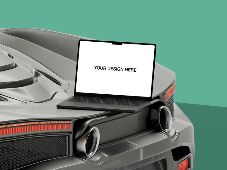 PSD mockup de una computadora portátil macbook en la parte trasera de un automóvil deportivo