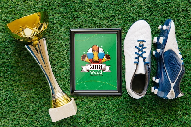 PSD mockup de copa de fútbol mundial con marco