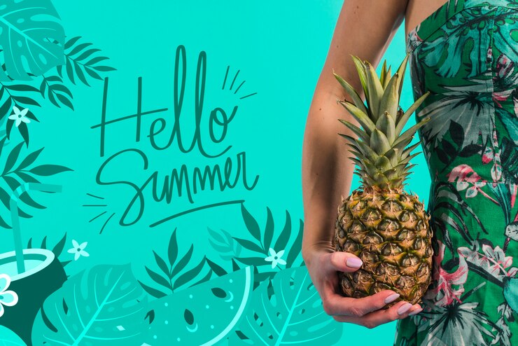 PSD mockup de copyspace con concepto de verano al lado de mujer atractiva