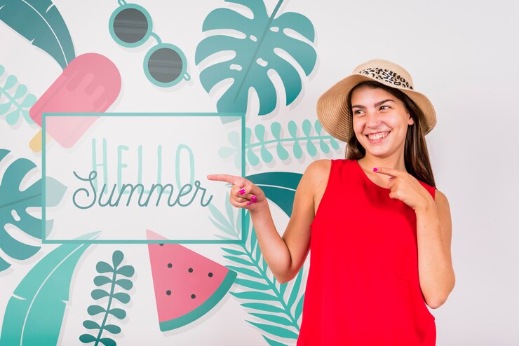 PSD mockup de copyspace para verano con chica alegre