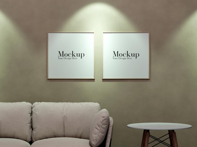 Mockup cornice fotografica parete marrone nell'interno minimalista