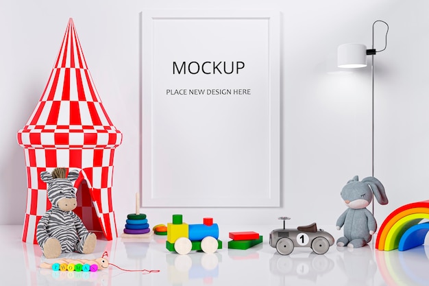 Mockup cornice in una sala giochi per bambini 3d rendering illustrazione