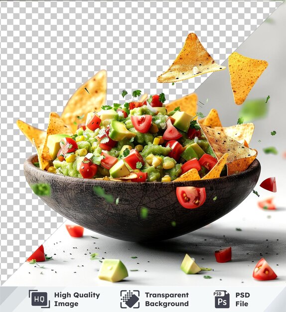 PSD mockup de cuenco de guacamole de fondo transparente con patatas fritas de nachos y tomates