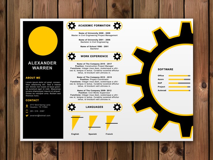 PSD mockup de curriculum con rueda de engranaje