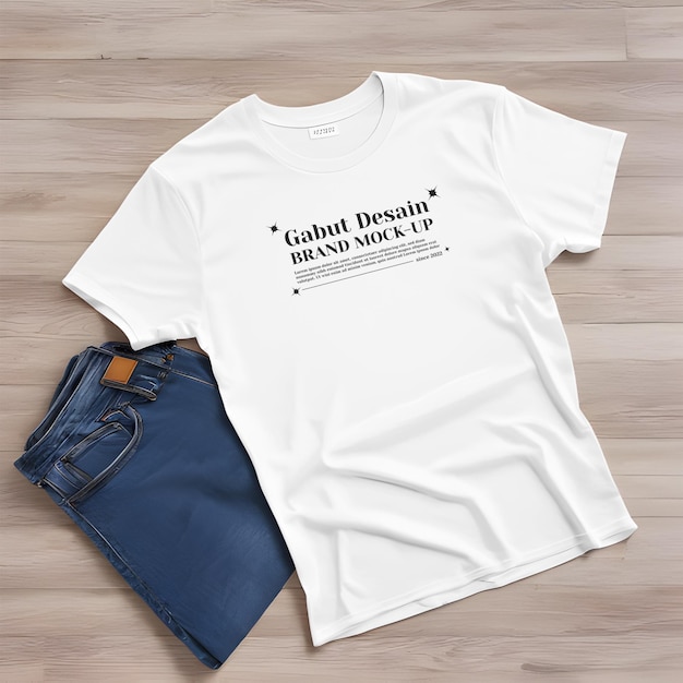 PSD mockup da camiseta exclusiva de melhor qualidade com calças jeans em um chão minimalista