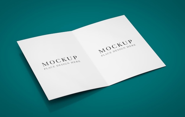 Mockup de brochura bifold aberta em fundo azul-azul