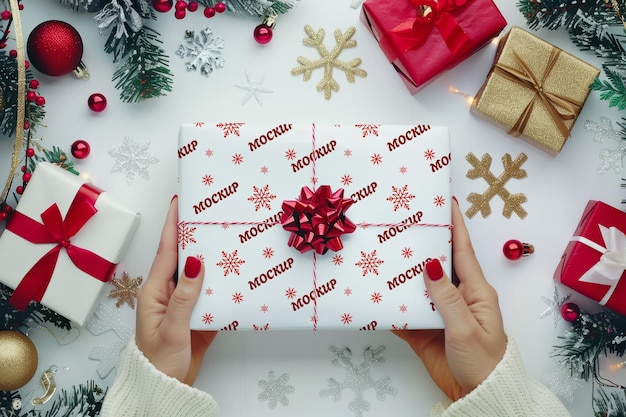 Mockup de caixa de presente branca com fita vermelha em mãos femininas Conceito de presente de Natal