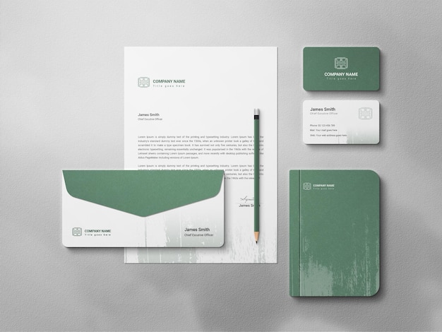 Mockup de cartões de visita de papelaria Envelope de papel de carta e caderno