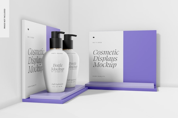 Mockup de displays cosméticos acrílicos, vista frontal e lateral