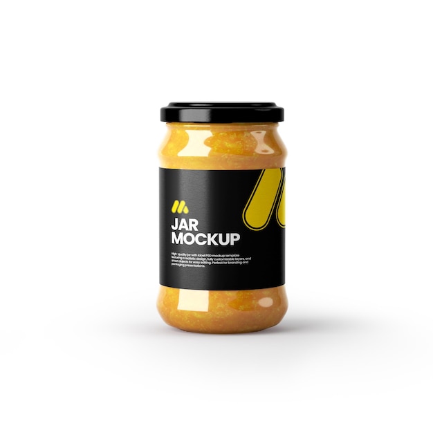 Mockup de frasco com rótulo preto e conteúdo amarelo