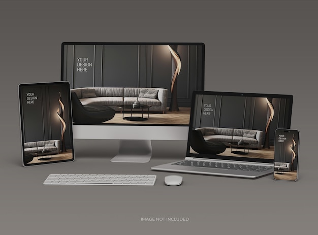 Mockup de laptop desktop, smartphone e tablet para uiux apresentação de produto 3d render