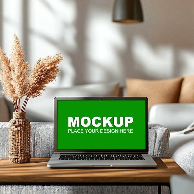 Mockup de laptop em um sofá aconchegante em uma sala de estar