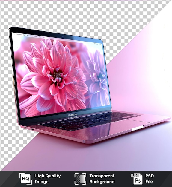 PSD mockup de laptop psd de fundo transparente com barra de pesquisa flores cor-de-rosa teclado e tela pretas