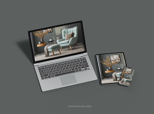 PSD mockup de laptop, smartphone e tablet para o uiux product showcase 3d render