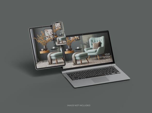 PSD mockup de laptop, smartphone e tablet para o uiux product showcase 3d render