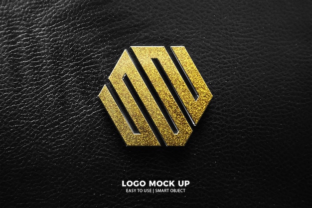 Mockup de logotipo moderno luxo glitter ouro vintage antigo em fundo de couro preto