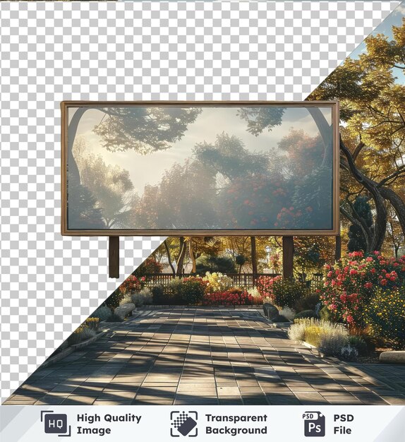 PSD mockup de outdoor em um parque cercado por árvores e arbustos sob um céu azul nublado