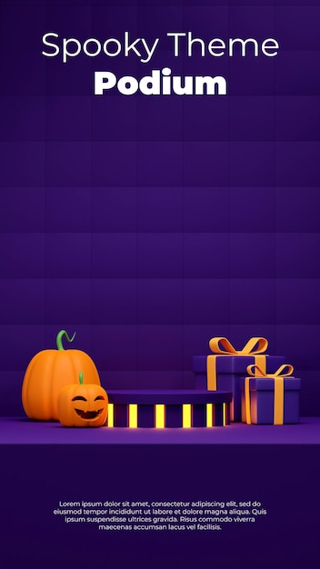 Mockup de renderização 3d de pódio de cilindro roxo halloween em retrato com cena de abóbora e caixa de presente