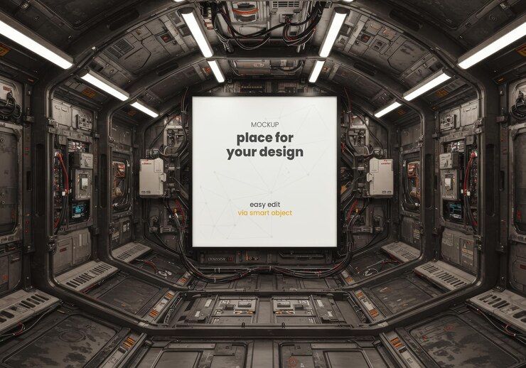 PSD mockup de sinal quadrado em spaceship tech no espaço