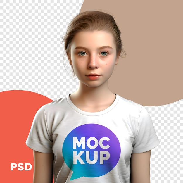 PSD mockup de uma menina com uma camiseta branca com a inscrição 100 kpi psd mockup