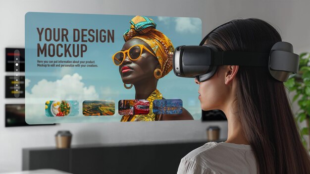 PSD mockup de uma mulher usando fone de ouvido de realidade virtual na frente de uma tela virtual ia generativa