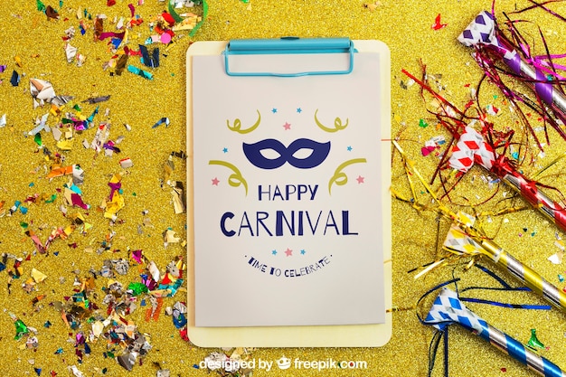 Mockup decorativo de carnaval con portapapeles y confeti