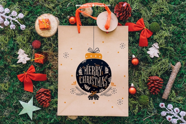 Mockup decorativo de navidad con bolsa de compras