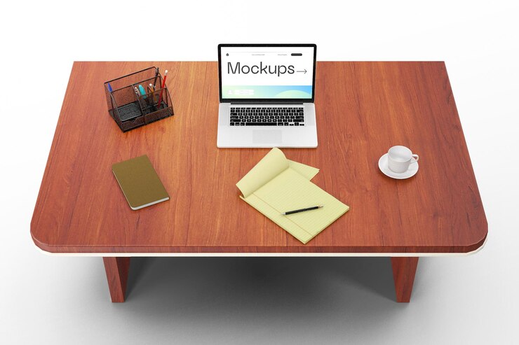 PSD mockup del dispositivo portatile dello schermo sul tavolo con sfondo modificabile del modello psd con vista prospettica
