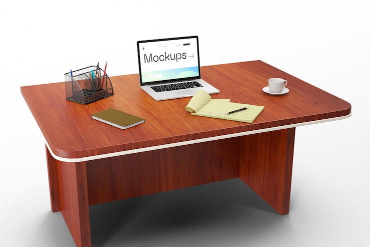 PSD mockup del dispositivo portatile dello schermo sul tavolo con sfondo modificabile del modello psd con vista prospettica