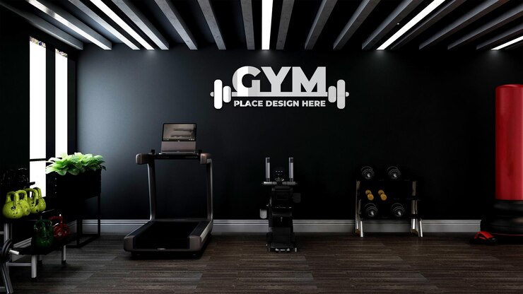 mockup del logo della parete della palestra moderna o della sala fitness