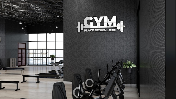 mockup del logo della parete della palestra nella sala fitness o palestra dell'atleta con parete nera