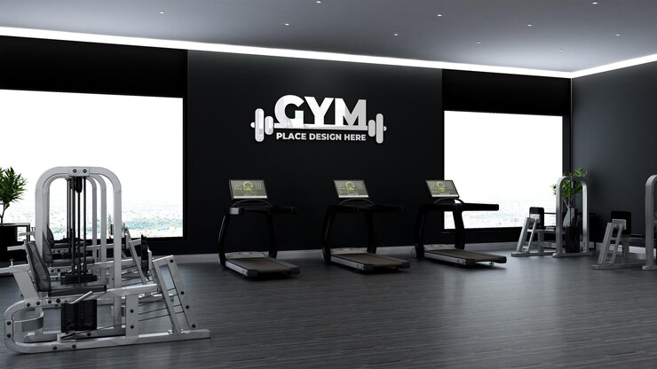 mockup del logo della parete della palestra nella sala fitness o palestra dell'atleta con parete nera
