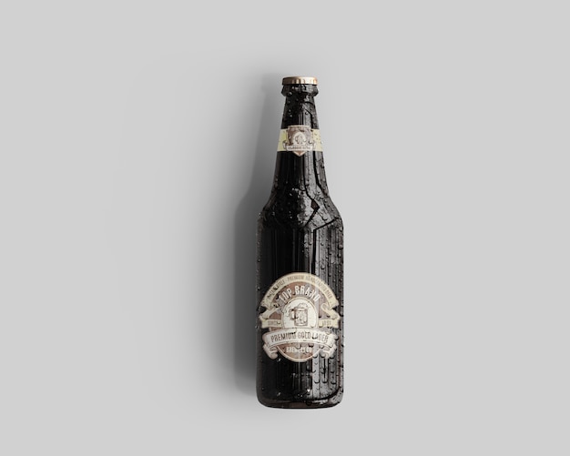 Mockup della bottiglia di birra di vetro ambrato con le gocce di acqua - vista superiore