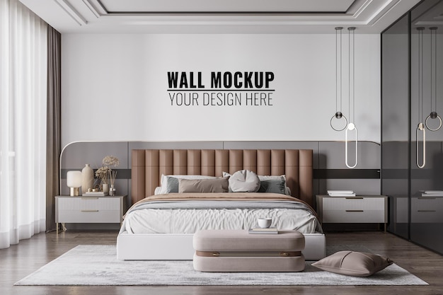 Mockup della parete interna della camera da letto, rendering 3D