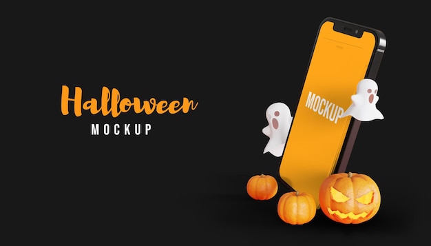 mockup dello schermo dello smartphone 3d di halloween con fantasma e zucca