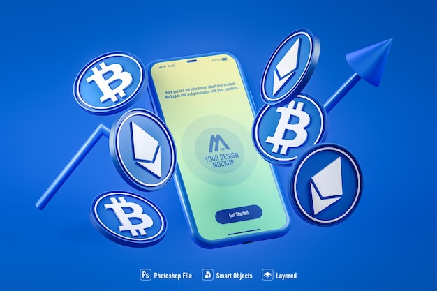 Mockup der mobilen Kryptowährungsanwendung isoliert auf blauem Hintergrund