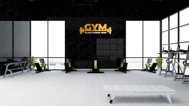 Mockup des Fitnessstudio-Wandlogos im Fitness- oder Fitnessraum des Athleten mit schwarzer Wand