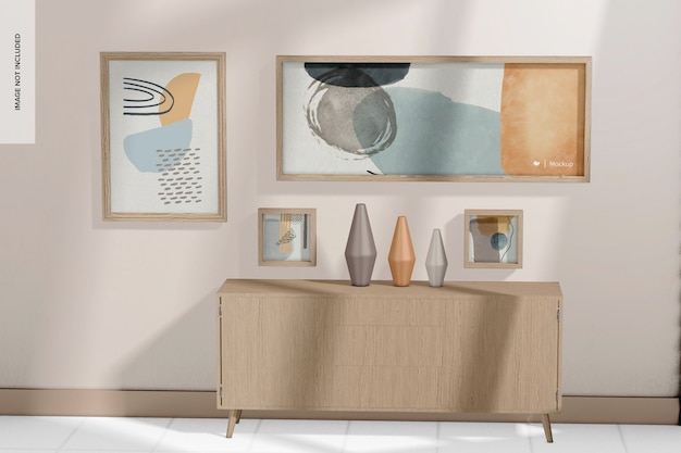 Mockup di 4 cornici per galleria con credenza