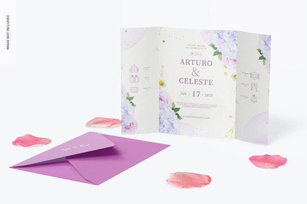 Mockup di biglietti d'invito A7 Gatefold, prospettiva