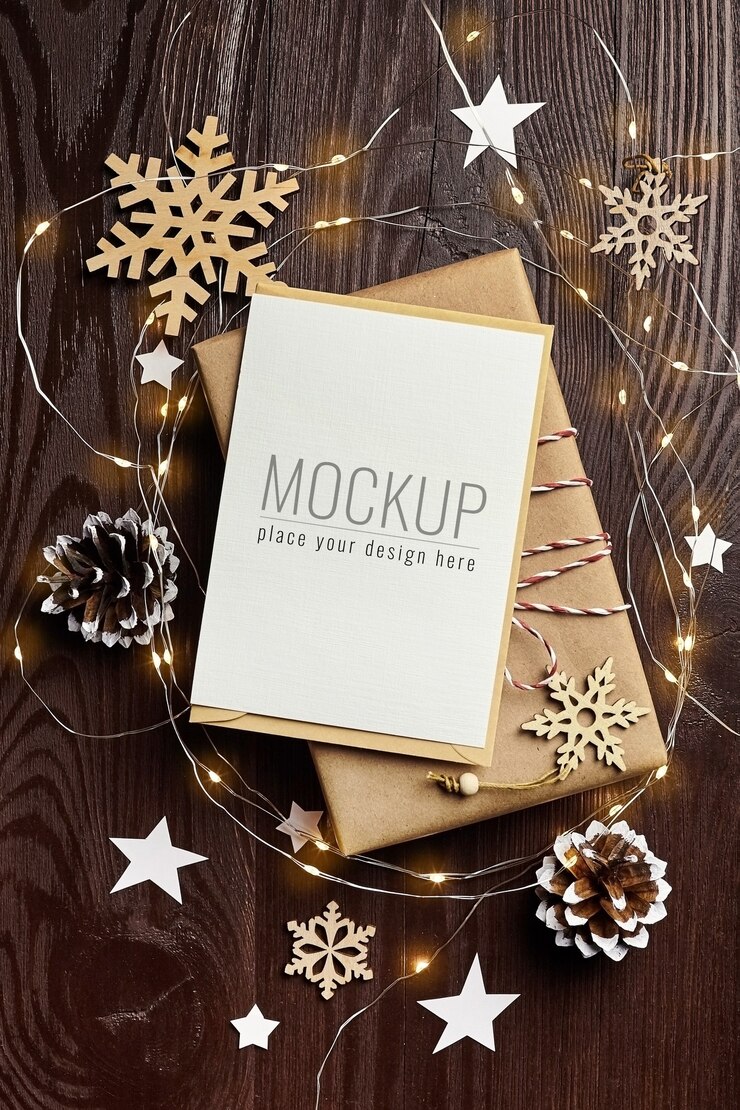 Mockup di biglietto di auguri con confezione regalo, pigne, decorazioni in legno e ghirlanda natalizia