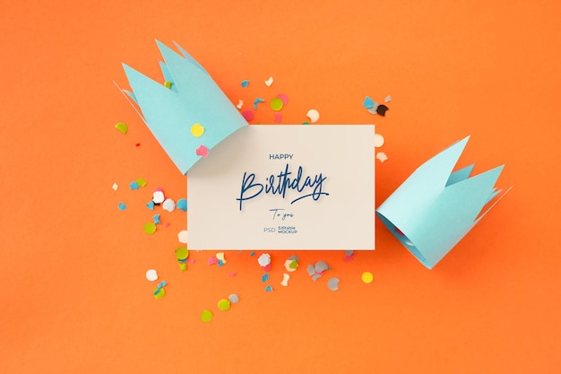 Mockup di biglietto di auguri di buon compleanno con scritte e decorazioni, rendering 3D